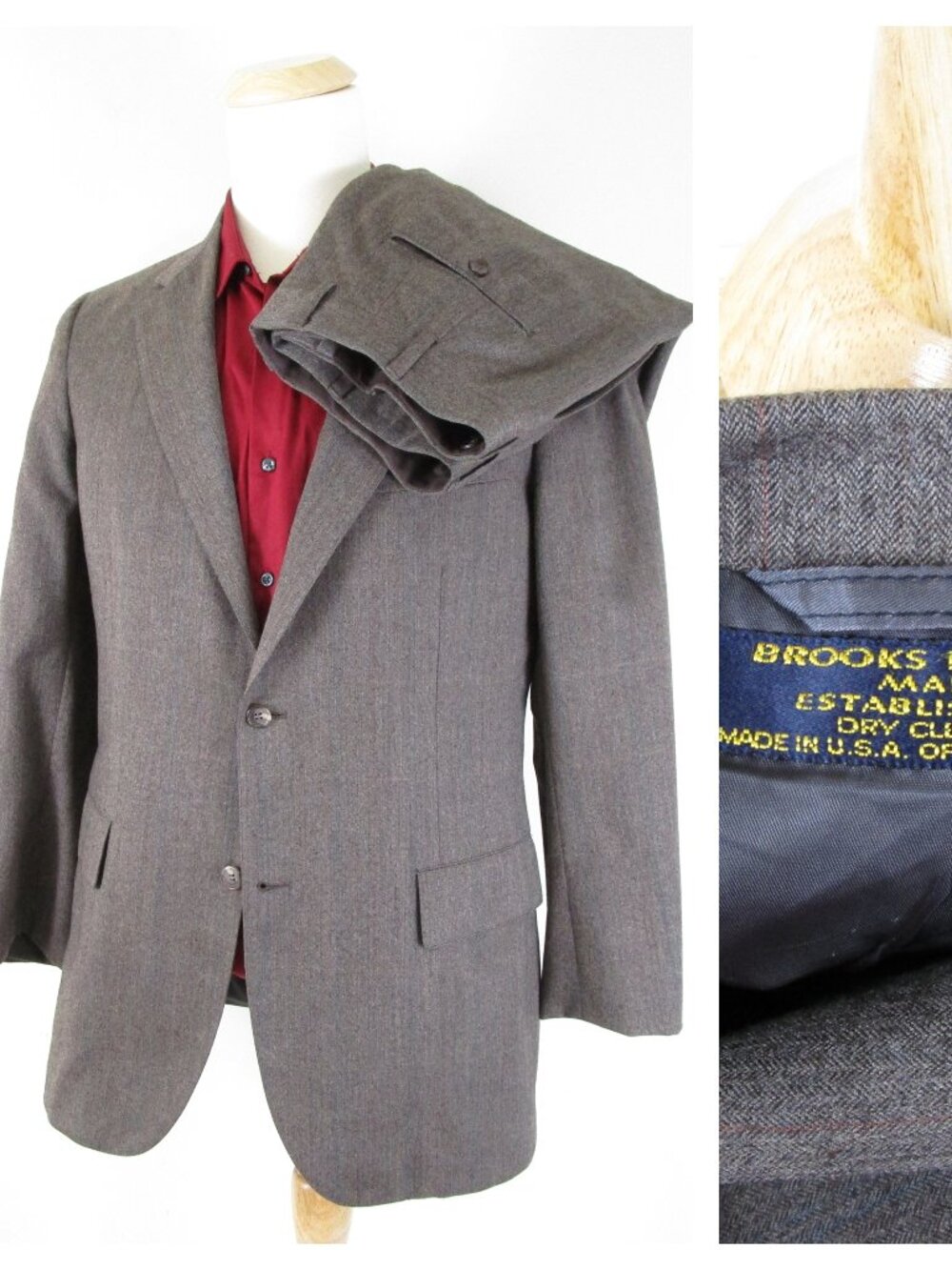 Vintage Brooks Brothers Tan Gray Wool Working Cuff Suit Size 40R Pants 32 X 30